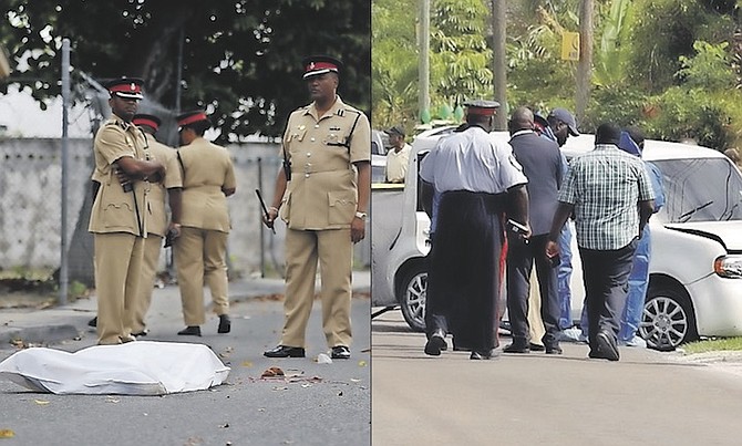 Police inspect murder scenes at Mini Street (left) and Montgomery Avenue (right) yesterday where two men on bail were gunned down within minutes of each other. Police are still investigating and could not confirm if the murders were related.	
Photos: Austin Fernander