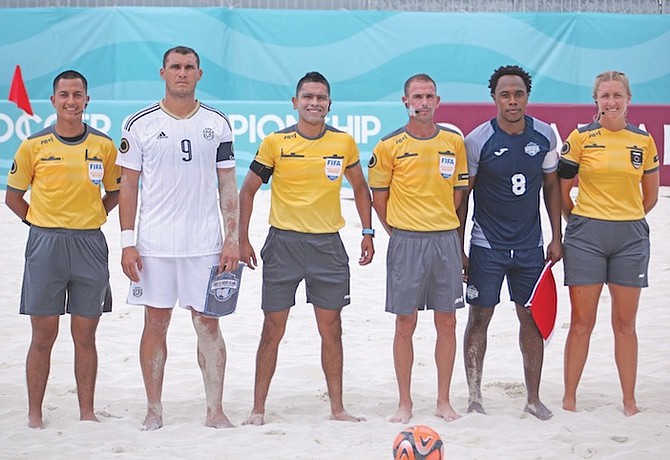 First Bahamian woman referee Annisa Albury alongside the other CONCACAF referees and team captains of Costa Rica, Turks and Caicos. Shown, from left to right, are Fernando Calvillo (Referee), Costa Rica’s team captain, Simon Estrada (Referee), Alexis Gonzalez (Referee), Turks and Caicos team captain and Annisa Albury (Referee).