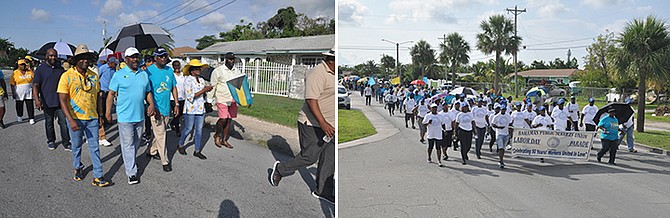 ABOVE left, Fred Mitchell, Minister of Foreign Affairs and Public Service (centre), Minister for Grand Bahama Ginger Moxey, Minister for Social Services and Urban Development Obie Wilchcombe, and Senator James Turner; and, above right, marchers in Grand Bahama on Friday. Photos: Vandyke Hepburn