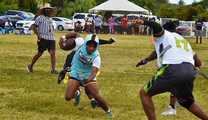 FLAG football enthusiasts compete in the Bahamas Flag Football League playoffs at Winton Rugby Field over the weekend.
Photo courtesy of OL Wilkinson