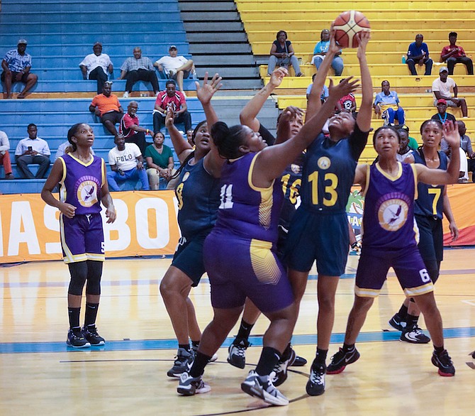 Jurelle Mullings, far left, of the Abaco and Cays Survivors women’s team in action during the basketball segment of the 6th Bahamas Games.
Photo: Austin Fernander/Tribune Staff