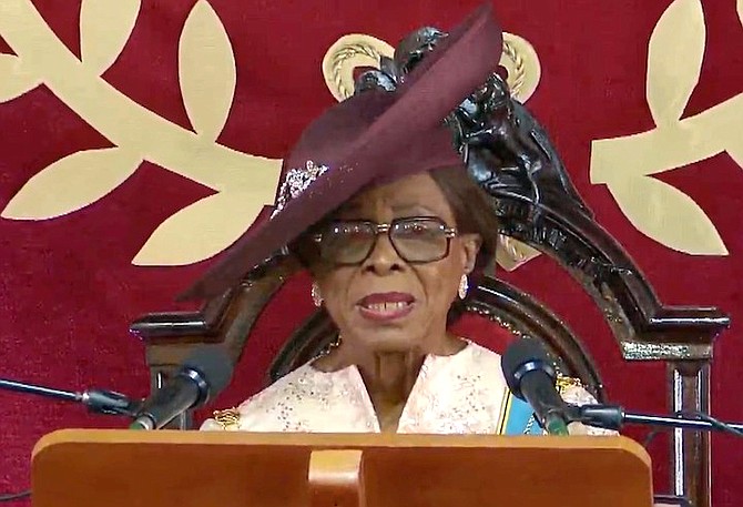 Governor General Cynthia 'Mother' Pratt reading the Speech from the Throne at the opening of Parliament today.