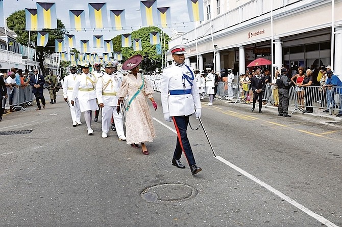 GOVERNOR General Cynthia ‘Mother’ Pratt at yesterday’s ceremonies ahead of the Speech from the Throne.