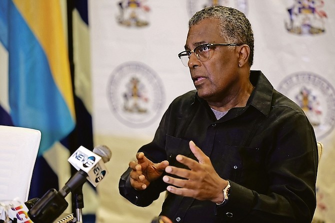 MINISTER of Foreign Affairs Fred Mitchell speaks outside the opening ceremony of Diplomatic Week at Baha Mar Convention Centre yesterday.
Photo: Dante Carrer