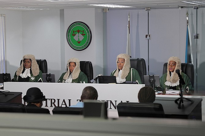 FROM left: Industrial Tribunal Vice President Ingrid Cooper-Brooks, Vice President Helen Almorales-Jones, President Indira Demeritte-Francis and Vice President Sharada Humes-Ferguson during a ceremony to mark the opening of the legal year of The Industrial Tribunal yesterday.
PHOTO: Dante Carrer