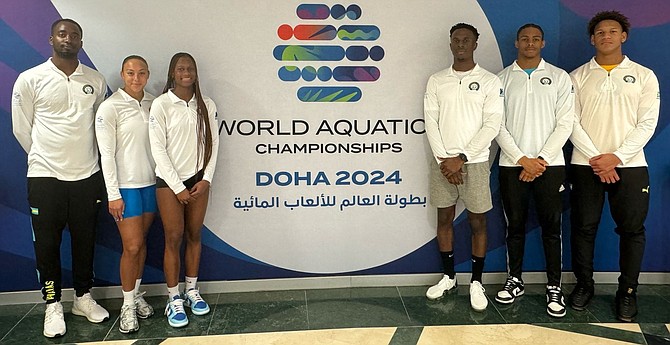 GO TEAM BAHAMAS: Bahamian team members at the World Aquatics Championships, from left to right, Camron Bruney, Victoria Russell, Rhanishka Gibbs, Cordero Bonamy, Lamar Taylor and Marvin Johnson.