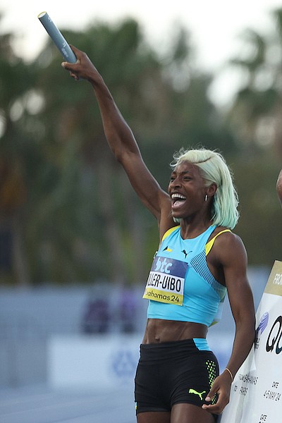 Shaunae Miller-Uibo celebrates after she anchored The Bahamas’ mixed 4 x 400 metre relay team to victory on Sunday night during the BTC World Athletics Relays Bahamas 2024 at the Thomas A. Robinson National Stadium.