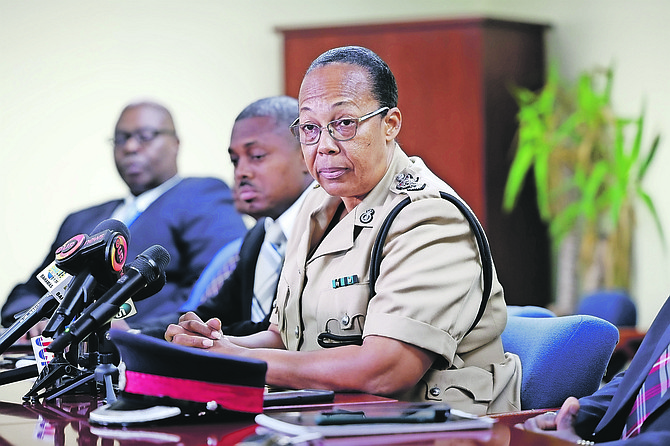 Chief Superintendent Chrislyn Skippings, flanked by senior members of the Royal Bahamas Police Force (RBPF), speaks to reporters during a press conference at the Criminal Investigations Department on May 13, 2024. Photo: Dante Carrer/Tribune Staff