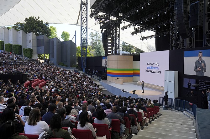 Alphabet CEO Sundar Pichai speaks at a Google I/O event in Mountain View, Calif., Tuesday, May 14, 2024. (AP Photo/Jeff Chiu)