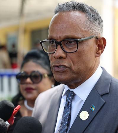 Minister of Health and Wellness Dr Michael Darville speaks to reporters during a ceremony to commission the new location of the Princess Margaret Hospital Blood Bank at First Terrace yesterday. 
Photo: Dante Carrer/Tribune Staff