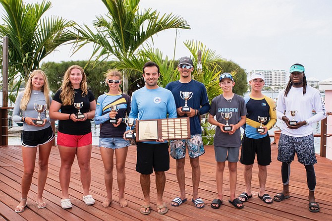 Paul de Souza, head coach at the Bahamas National Sailing School, is the ILCA Bahamas National Champion 2024. He can be seen here with other sailors who won awards.