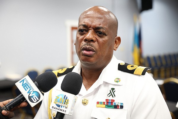 Royal Bahamas Defence Force (RBDF) Commodore Raymond King speaks to reporters during the International Ship and Port Facility Security Seminar (ISPS) at Police Headquarters on May 21, 2024. Photo: Dante Carrer/Tribune Staff