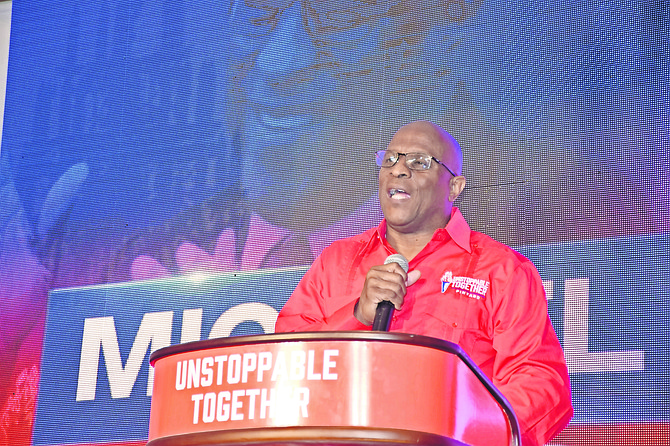 FNM leader Michael Pintard speaking to supporters as he prepares for elections at the party’s one-day convention in June. Photo: Tameka Petit-Homme