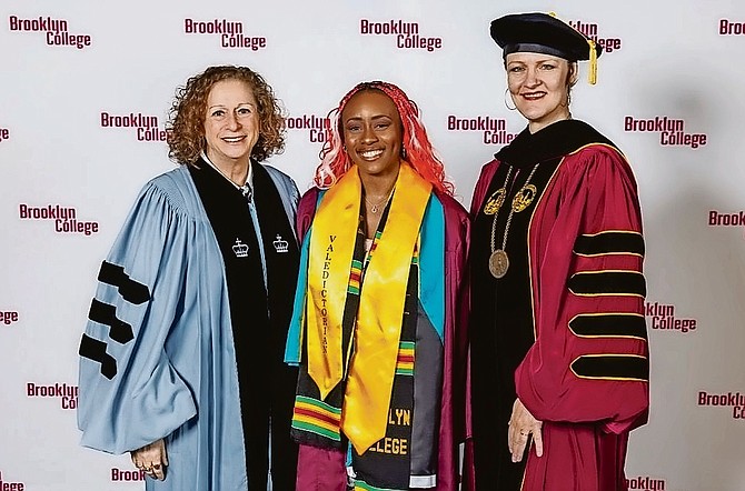 Pictured are award-winning filmmaker, philanthropist, and activist Abigail E Disney (left), valedictorian Rhema Mills (centre), and Brooklyn College president Michelle J Anderson.