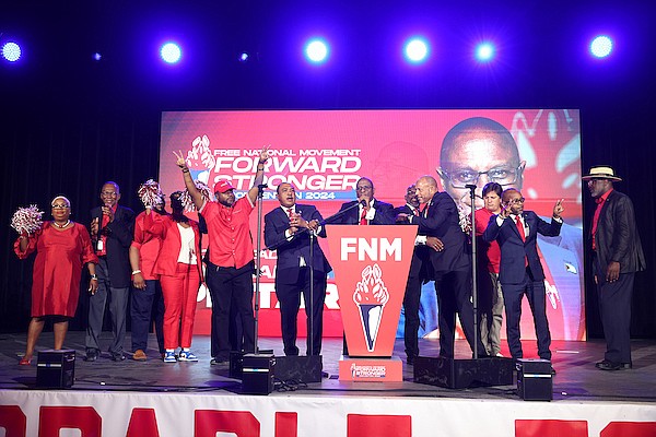 FNM Party Leader Michael Pintard is joined by party members on stage during the 2024 FNM Convention held at Baha Mar on June 1, 2024. Photo: Dante Carrer/Tribune Staff