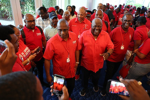 FNM Leader Michael Pintard, Former Prime Minister Hubert Ingraham and Former FNM Leader Tommy Turnquest during the 2024 FNM Convention held at Baha Mar on June 1, 2024. Photo: Dante Carrer/Tribune Staff