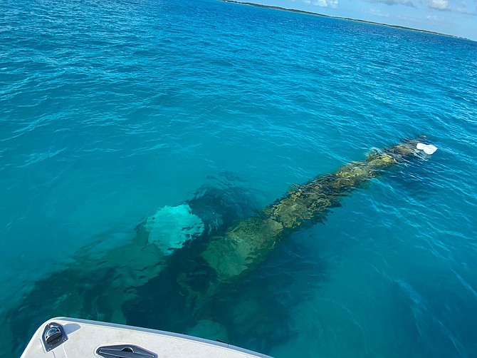 Empty water jugs tied to the excavator arm marks the location of the sunken machine in the Exumas.