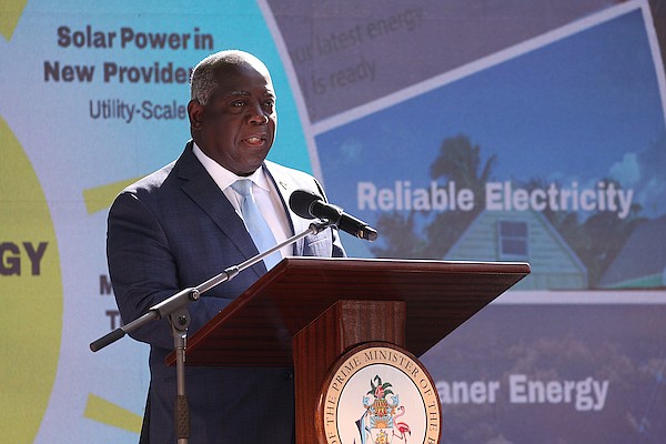 Prime Minister Philip "Brave" Davis speaks during an event at the Office of The Prime Minister where plans for the full conversion and integration of Liquefied Natural Gas (LNG) in New Providence within two years and the integration of solar projects throughout the country were unveiled on June 10, 2024. Photo: Dante Carrer/Tribune Staff