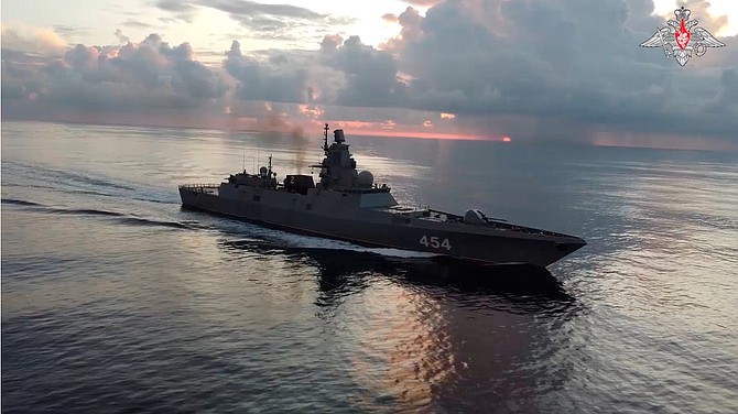 IN this photo taken from video released by Russian Defence Ministry Press Service on Tuesday, the Russian navy’s Admiral Gorshkov frigate is seen en route to Cuba.