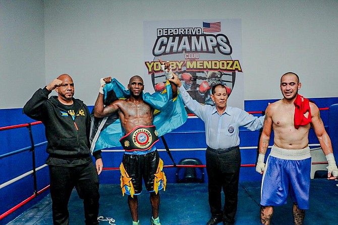 WINNING FEAT: Bahamian pro boxer Carl Hield defeated Colombian Christian Bautista via knockout in the seventh round for the WBA Fedecaribe Super Welter Title on Friday in Cartagena, Colombia.