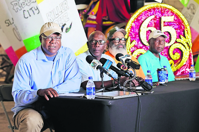 Valley Boys Chairman Brian Adderley, flanked by Deputy Chairman Stephen Bain, Deputy Chairman Francisco Cooper and Treasurer John Archer, speaks during a press conference at the Valley Boys shack on JFK. Photo: Dante Carrer/Tribune Staff