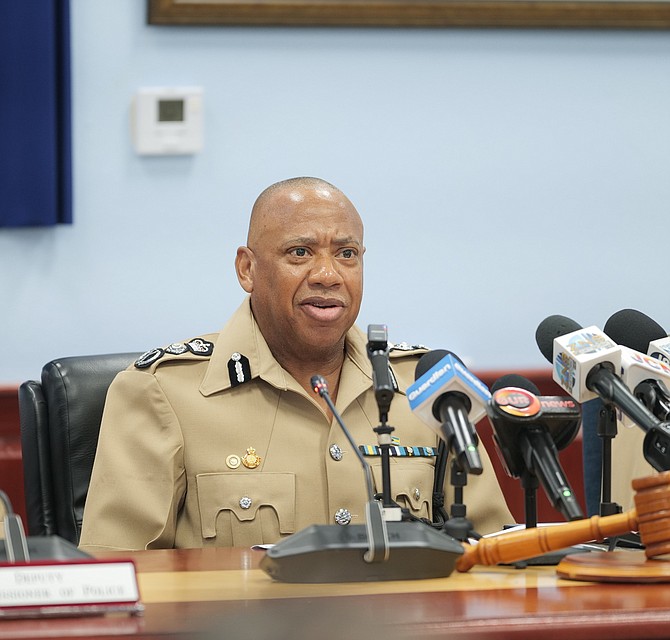 Commissioner of Police Clayton Fernander speaks to the press yesterday. Photo: Nikia Charlton