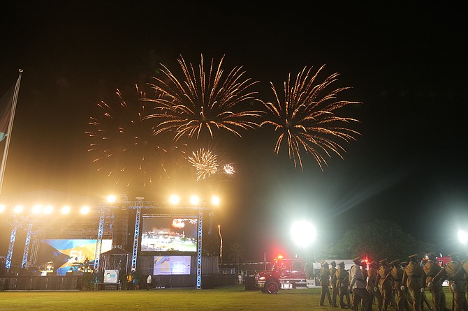 A dazzling fireworks display lights up the night sky at the 51st Independence Celebrations yesterday. Photos: Nikia Charlton