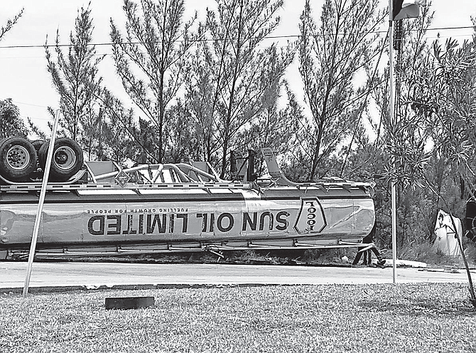 A SUN Oil tanker carrying oil to Bahamas Power and Light flipped over in Marsh Harbour, Abaco, on Tuesday, spilling 8,600 gallons of diesel on Tuesday.