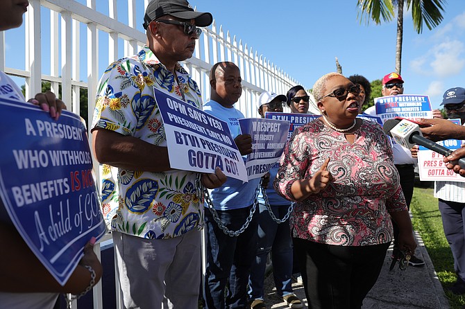 Union of Tertiary Educators of The Bahamas (UTEB) Acting President Dr Anastasia Brown speaks to reporters during a protest by Bahamas Technical and Vocational Institute (BTVI) staff members in front of the BTVI campus on July 16, 2024. Photo: Dante Carrer/Tribune Staff