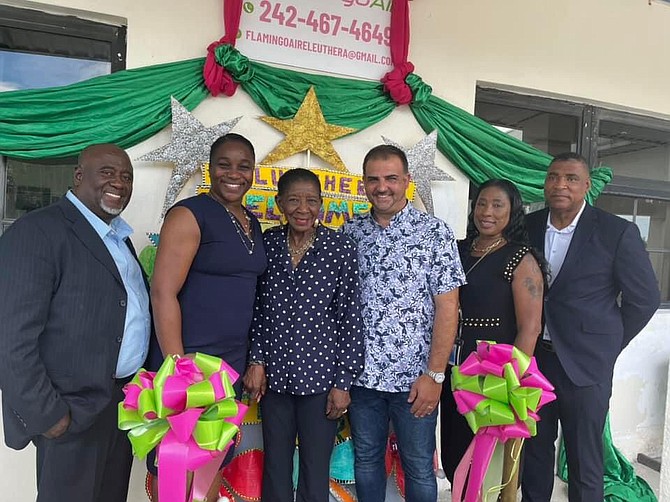 Flamingo Air has commenced scheduled flights to Eleuthera. Seen from left are Captain Vincent Colebrook, CEO; his wife, Phyllice Colebrook, Accounts Manager; Excellency Ruby Ann Darling, Deputy to Governor-General; Works and Family Island Affairs Minister Clay Sweeting, MP for Central and South Eleuthera; Sharon Meadows, General Manager; and Captain Raymond Meadows, President.