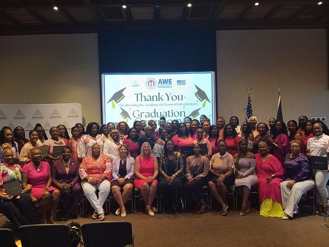 Kimberly Furnish, US Chargé d’Affaires at the US Embassy in the Bahamas (seated centre), is seen with 51 graduates of the fourth cohort of the AWE programme held in Grand Bahama.