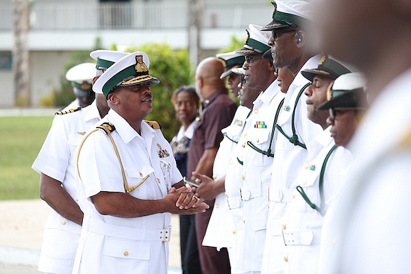 Royal Bahamas Defense Force (RBDF) Commodore Dr Raymond King inspects officers ahead of the Reserve Commission Officer Graduation Ceremony at the RBDF Coral Habour base in July 2024. Photo: Dante Carrer/Tribune Staff