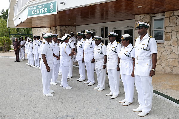 Royal Bahamas Defense Force (RBDF) Commodore Dr Raymond King inspects officers ahead of the Reserve Commission Officer Graduation Ceremony at the RBDF Coral Habour base in July 2024. Photo: Dante Carrer/Tribune Staff