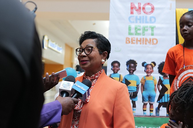 Ann Marie Davis, wife of Prime Minister Philip ‘Brave’ Davis, speaking to the press at the World Day Against Trafficking in Persons Campaign yesterday. Photos: Nikia Charlton