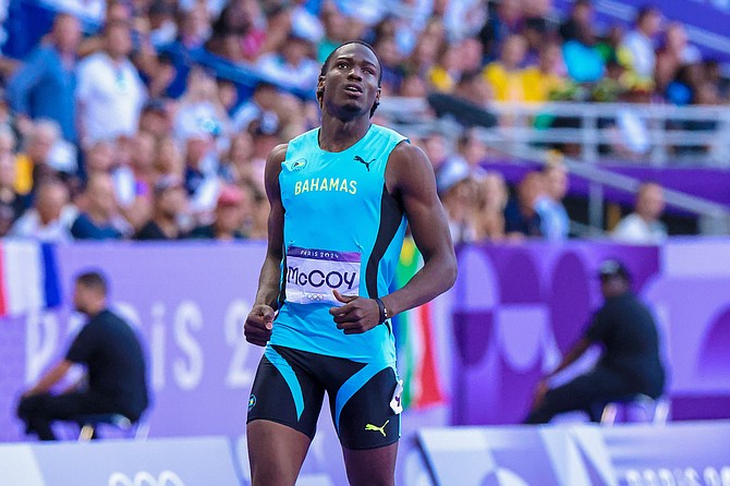 Wanya McCoy in the semifinals of the men’s 200 metres in the 2024 Olympic Games at the Stade de France in Paris.