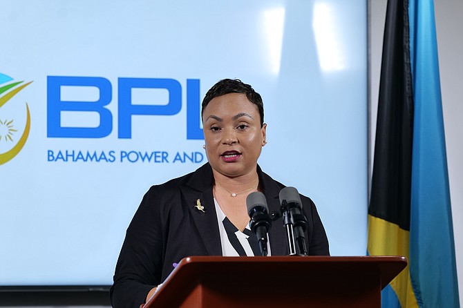 Toni Seymour, COO of BPL, speaks on the upgrades to the power grid on Eleuthera and the changes to the pricing for power at a press briefing at the Office of the Prime Minister yesterday. Photo: Chappell Whyms Jr