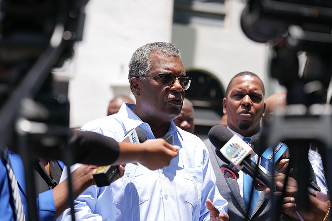 Fox Hill MP Fred Mitchell speaks to the press after the Fox Hill Day Church service at Mount Carey Baptist Church yesterday. Photo: Nikia Charlton