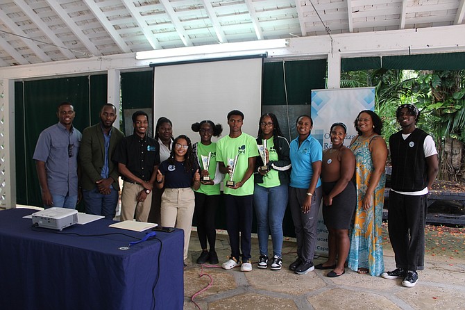 (L-R) BNT outreach officer Garth Jackson; Cameron Rolle; ORG assistant director Steffon Evans; judge Ashawnte Russell; ORG engagement manager Ariannah Wells; Iyana Eaton - St John’s, grade 12; KeAnte Roker - Kingsway academy, grade 12; Trevan Fernander - St Augustine’s College, grade 11; BNT education officer Katherine Coleby; judge Dr Kristal Ambrose; judge Lashanti Jupp; and judge Jervon Sands.