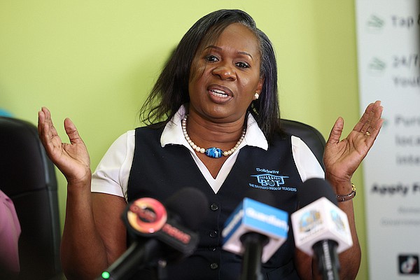 Bahamas Union of Teachers (BUT) President Belinda Wilson speaks during a press conference where The BUT and Teachers and Salaried Workers Co-Operative Credit Union Ltd (TSWCCUL) signed an agreement to assist BUT members with financing on August 20, 2024. Photo: Dante Carrer/Tribune Staff