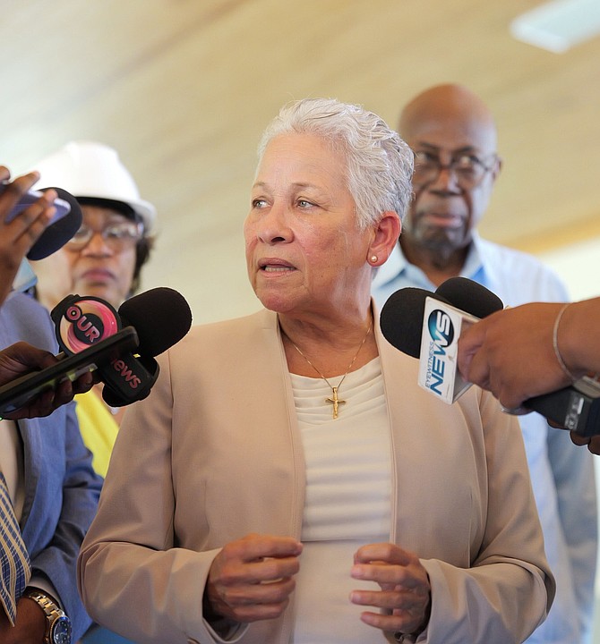 Minister of Education, Technical and Vocational Training Glenys Hanna Martin speaking on progress of repairs at schools on August 20, 2024.
Photo: Chappell Whyms Jr