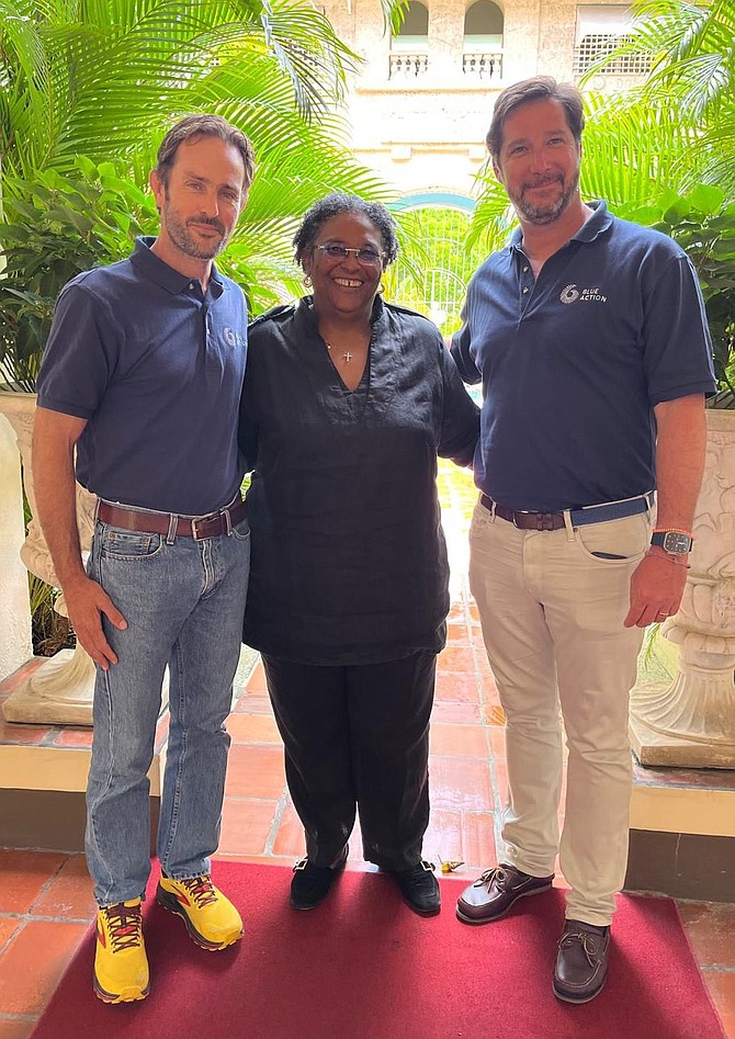 Barbados Prime Minister Mia Mottley with Blue Action president Rupert Hayward (right) and co-founder Jeff Stoike.