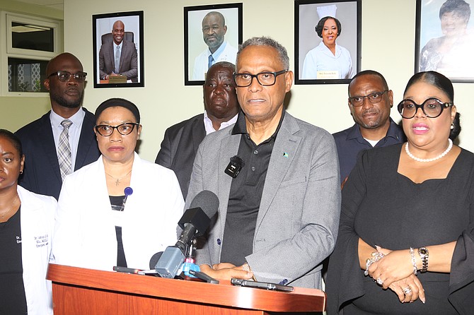 Health and Wellness Minister Dr Michael Darville ommissioned the Pathogens Unit at Rand Memorial Hospital yesterday. He is pictured wiht Senator Russell, Ginger Moxey. Minister for Grand Bahama, Parliamentary Sectary at Ministry for Grand Bahama MP. Kingsley Smith, Tevard Bastian from the office in charge of Public Hospitals in Grand Bahama. 
Photos: Vandyke Hepburn