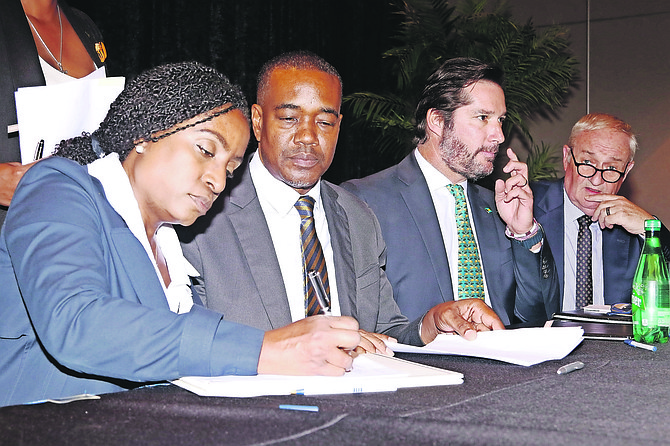 The signing ceremony in Grand Bahama yesterday as a $665m heads of agreement was signed for the Grand Bahama Shipyard’s transformation project. Photo: Vandyke Hepburn