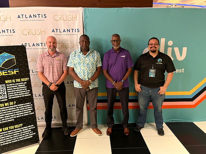 (L-R) Daniel Belton, Executive Director of Resort Programming & Activities at Atlantis Bahamas; Mario Bowleg, Minister of Youth, Sports & Culture; John Gomez, Chief ALIV Officer; and Michael Armogan, President & Founder of the Bahamas Esports Federation.