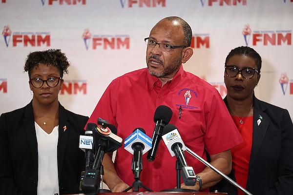 Free National Movement (FNM) Chairman Dr Duane Sands speaks during a press conference at FNM Headquarters on Sept 2, 2024. Photo: Dante Carrer/Tribune Staff