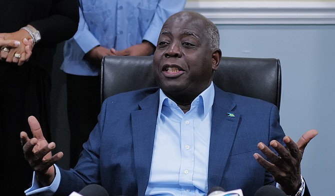 Prime Minister Philip "Brave" Davis speaks during a contract signing ceremony between the WSC and Consolidated Water at the Office of The Prime Minister on September 10, 2024. Photo: Dante Carrer/Tribune Staff