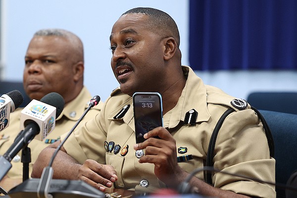 Assistant Commissioner of Police Dr Chaswell Hanna speaks during a press conference at police headquarters yesterday after worrisome posts from a student at Lyford Cay School prompted a police investigation.  
Photo: Dante Carrer / Tribune Staff