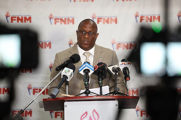 FNM leader Michael Pintard speaks during a press conference at FNM Headquarters to address the PLP’s performance during their past three years in office yesterday. Photo: Dante Carrer/Tribune Staff