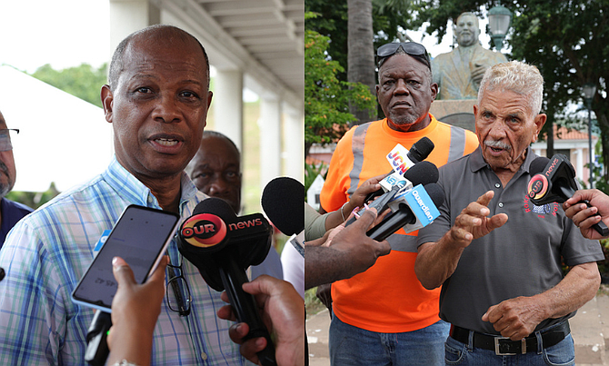 Bahamas Petroleum Retailers Association (BPRA) president Raymond Jones (left), along with other association members, speaks during a BPRA press conference at The Cricket Club yesterday, while Peter Roker, flanked by Bernard “Porky” Dorsett, speaks during another BPRA press conference at Rawson Square. Photos: Dante Carrer/Tribune Staff