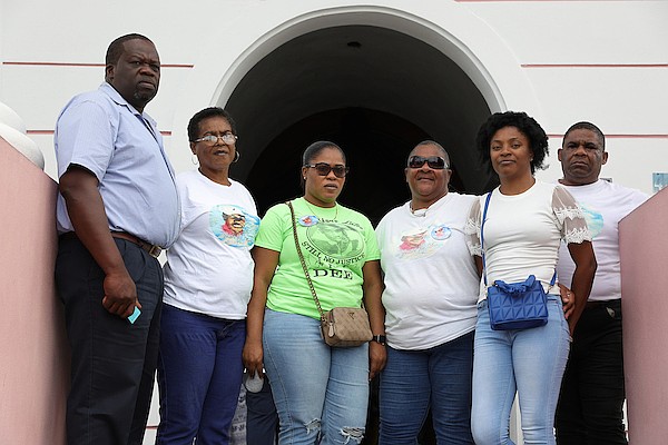 From left are family members of Deangelo Evans - Densil Evans (father), Yvonne Lee (aunt), Vashti Colebrooke (cousin), Beverley Lee-Rolle (mother), Taria Baine (sister) and Pedro Lee (uncle) outside Magistrate Court on September 18, 2024. Photo: Dante Carrer/Tribune Staff